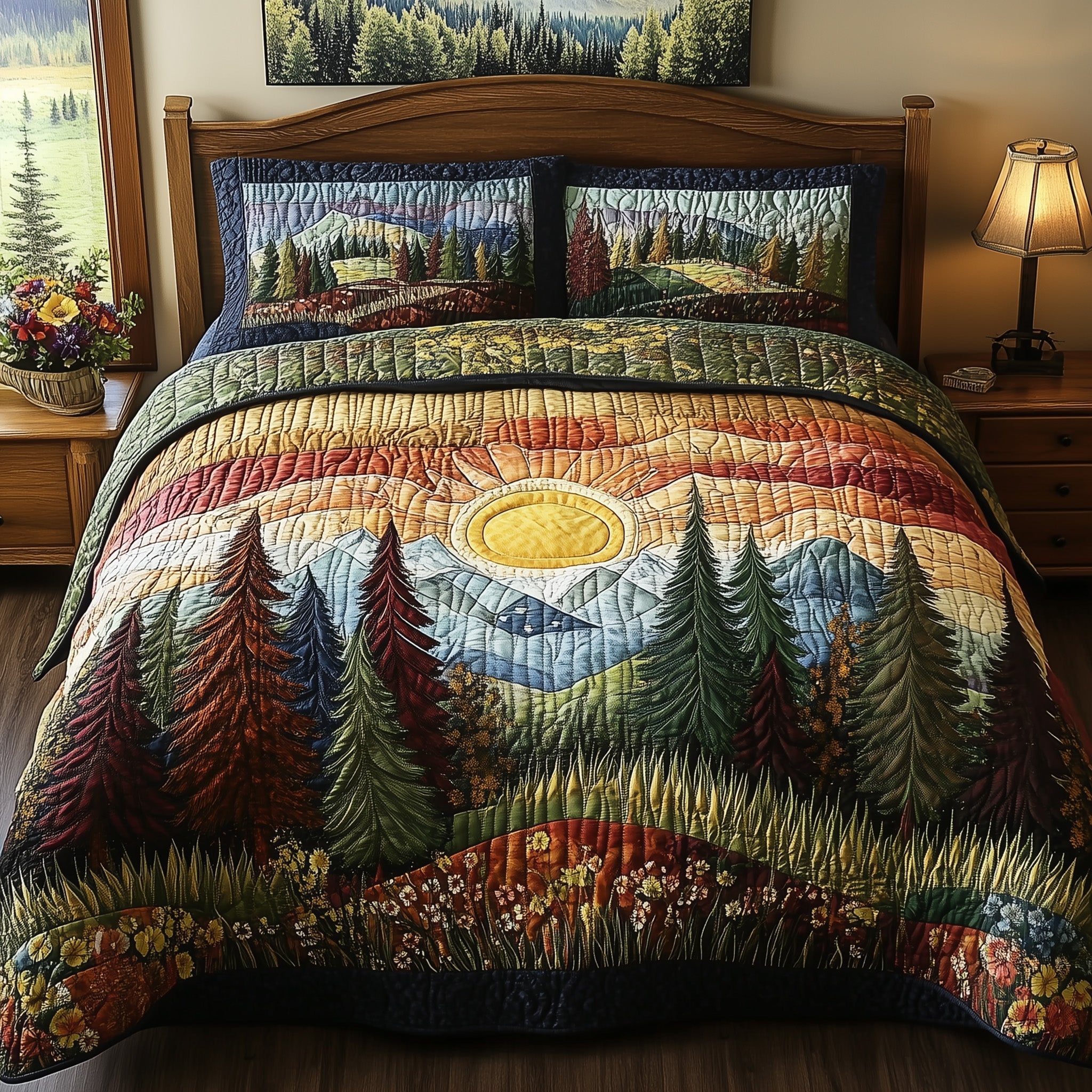 Forest Jou Quilted Bedding Set Pinecone Woodland Sunset Themed Bedding Gifts