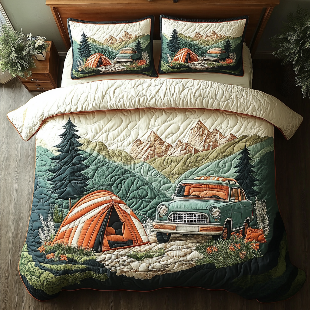 Forest Journey Quilted Bedding Set Cozy Bedroom Decor Gift For Camper Owners