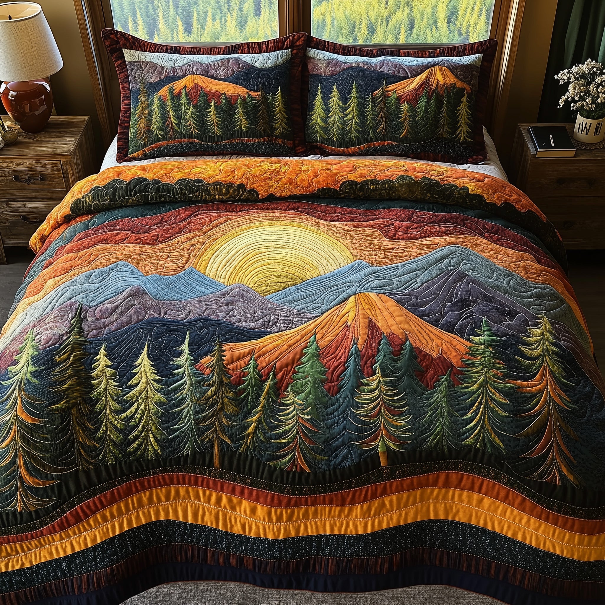 Forest Joy Quilted Bedding Set Rustic Nature Design Sunset Themed Bedding Presents
