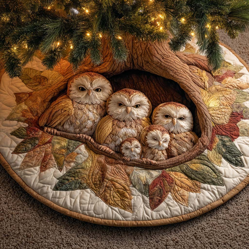 Forest Keepers Quilted Tree Skirt Xmas Tree Cover Base Owl Christmas Presents