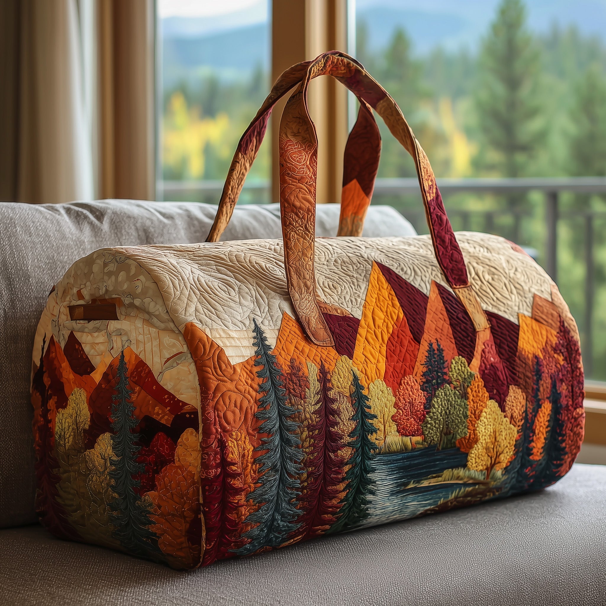 Forest Landscape Quilted Duffle Bag For Weekend Trips