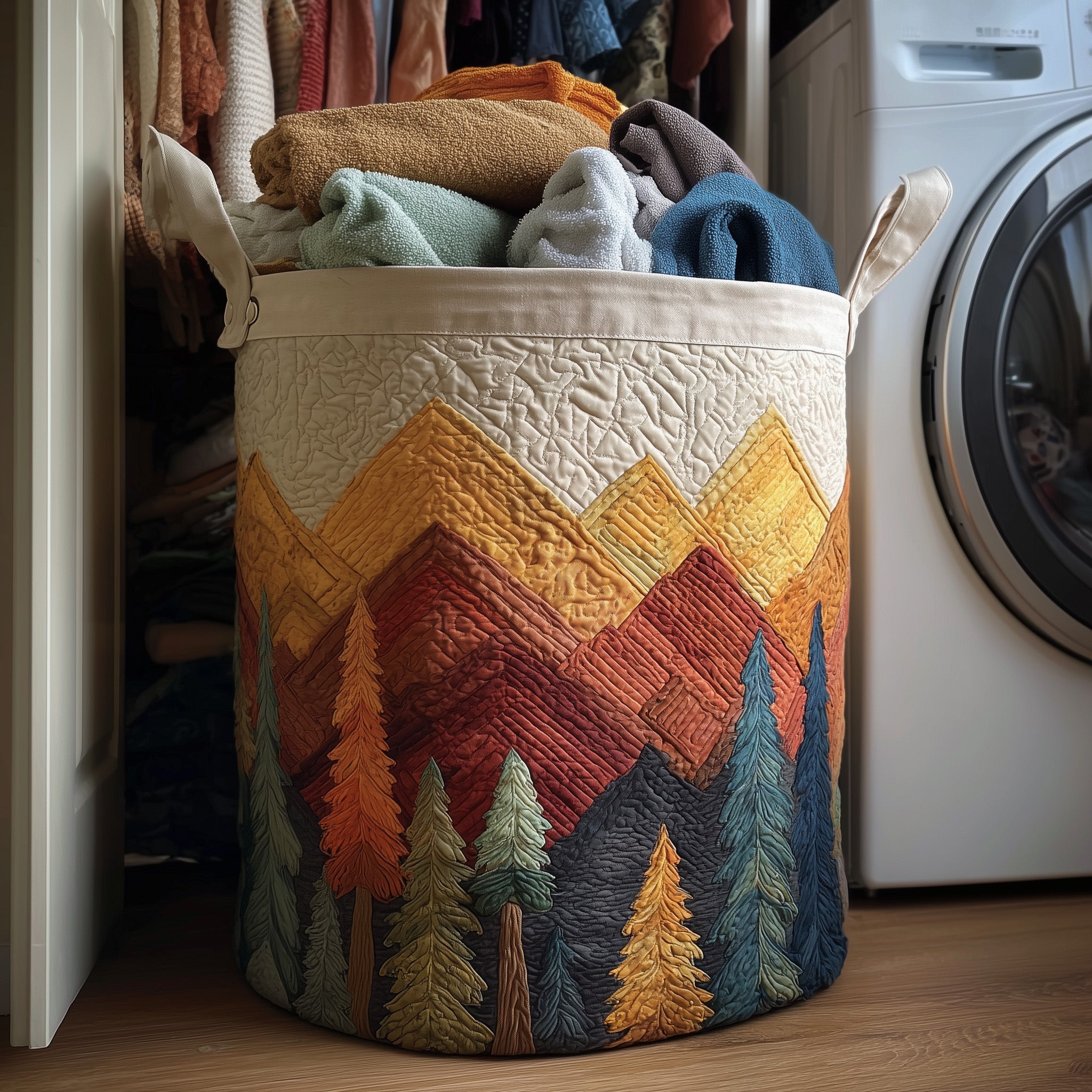 Forest Landscape Quilted Laundry Basket Foldable Fabric Clothes Basket Gift For Friends