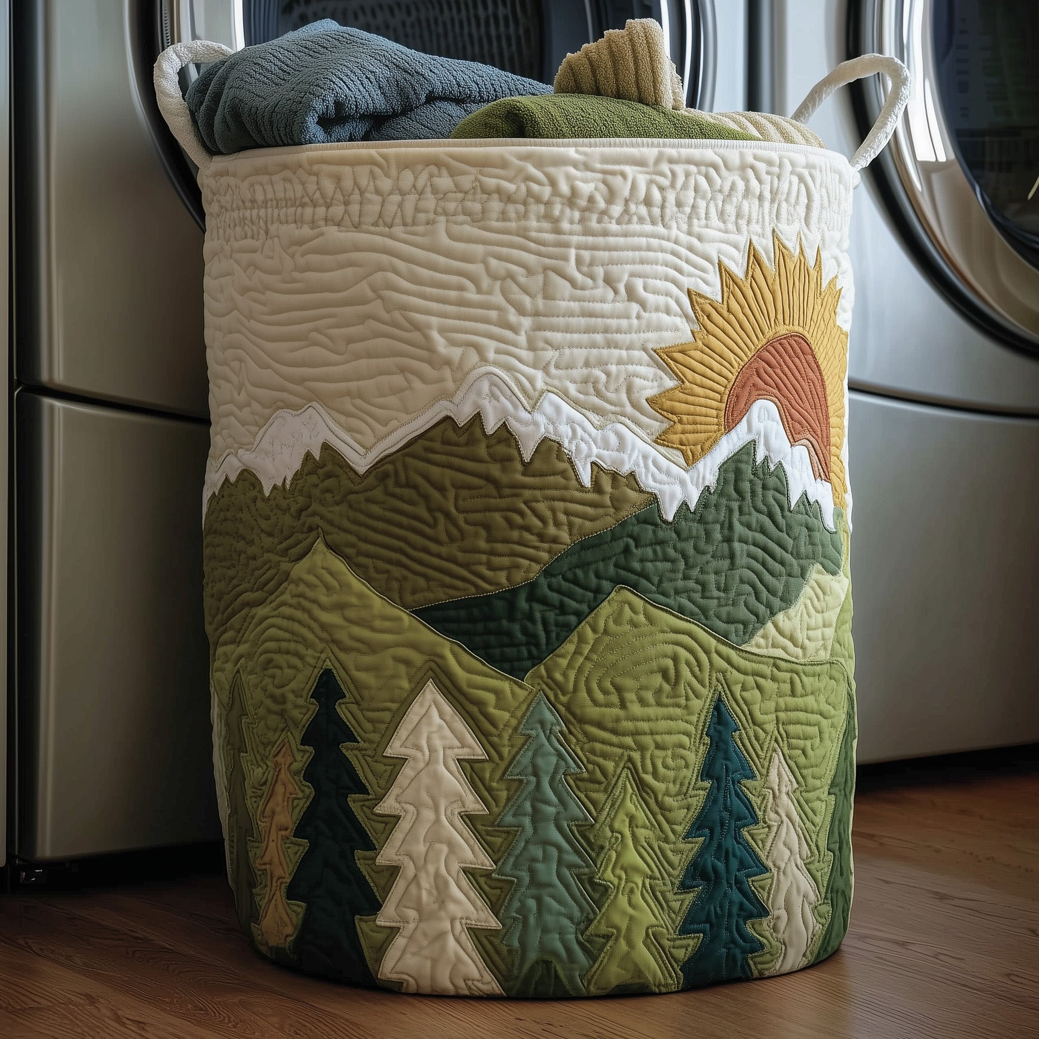 Forest Landscape Quilted Laundry Basket Foldable Fabric Clothes Basket Gift For Grandma
