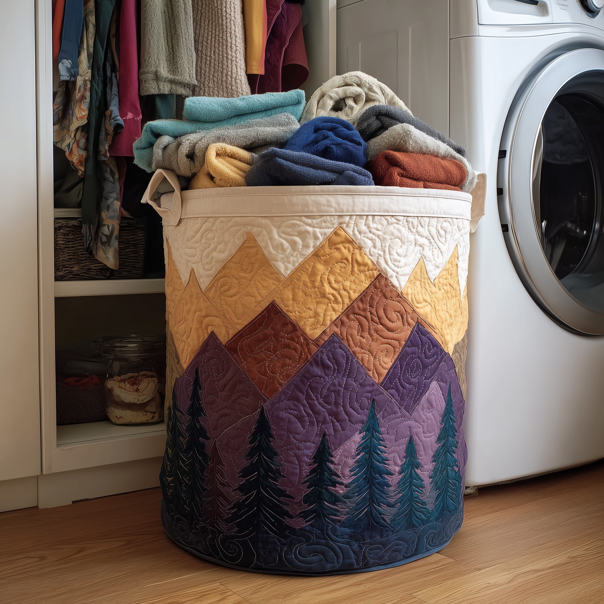 Forest Landscape Quilted Laundry Basket Foldable Fabric Clothes Basket Gift For Mom
