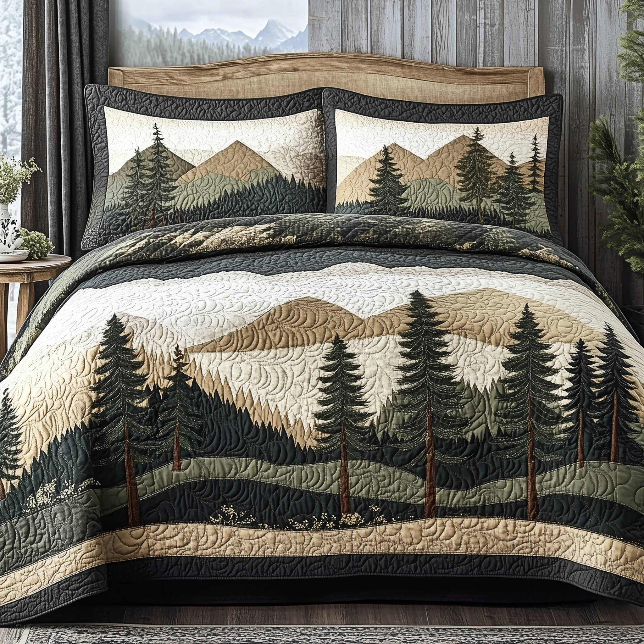 Forest Lodge Quilted Bedding Set Rustic Cabin Bedroom Decor Gift For Nature Lovers