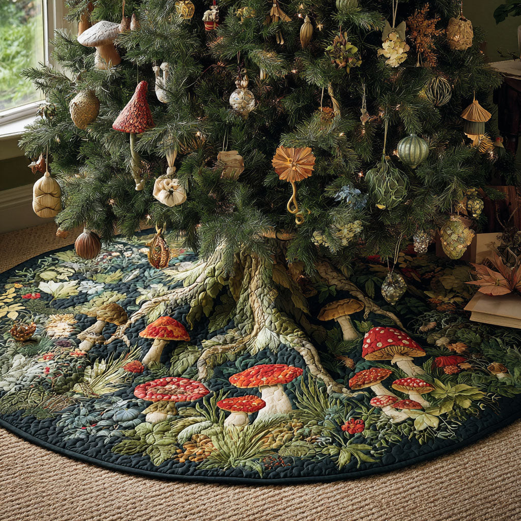 Forest Meadow Christmas Quilted Tree Skirt Plant Pattern Christmas Gifts For Tree Lovers