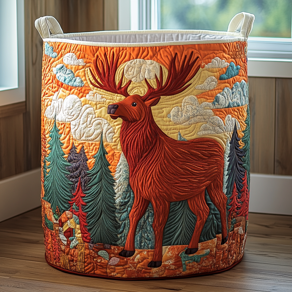 Forest Moose Quilted Laundry Basket Christmas Merch Gift