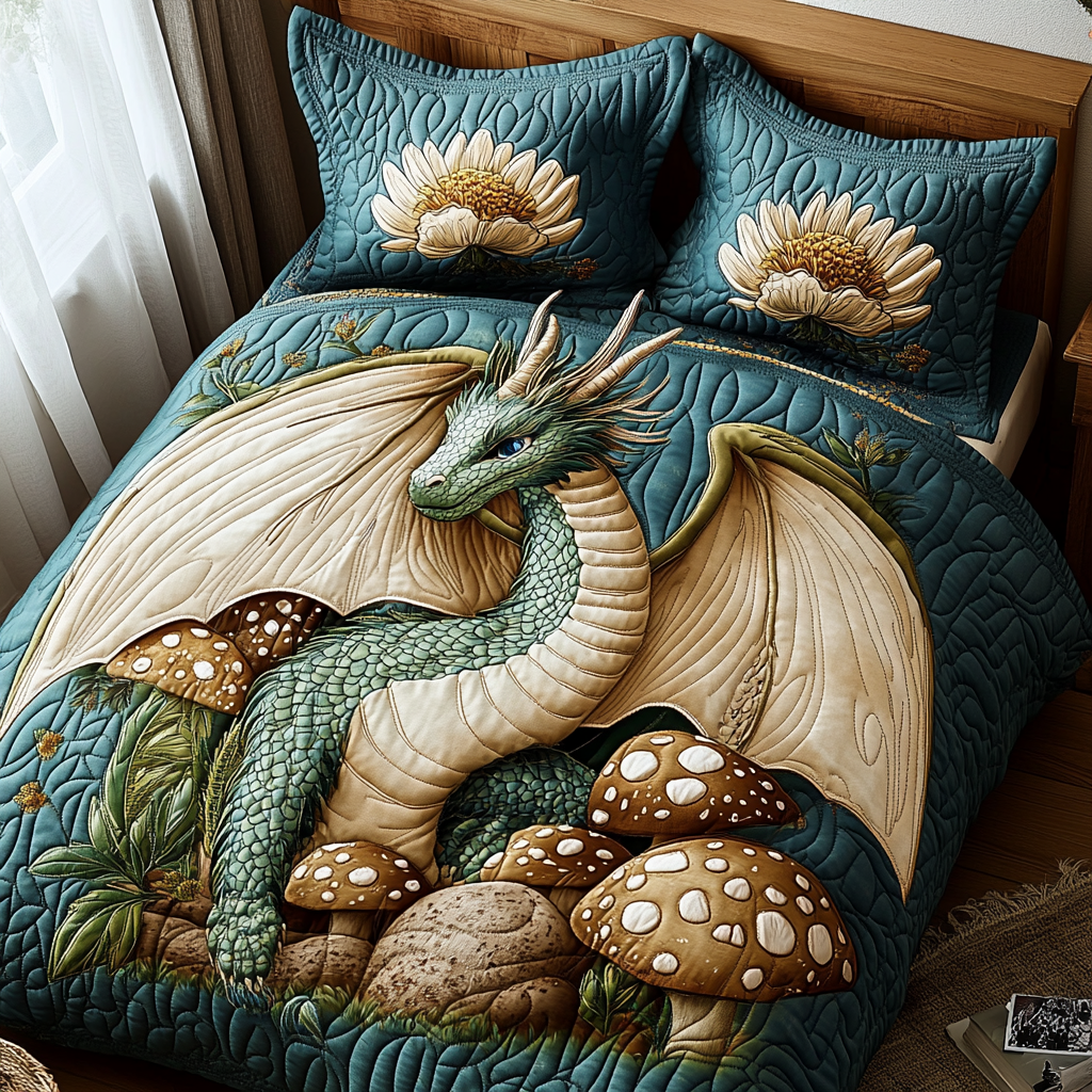Forest Mushroom Dragon Quilted Bedding Set Soft Bedding Set That Makes a Great Christmas Gift