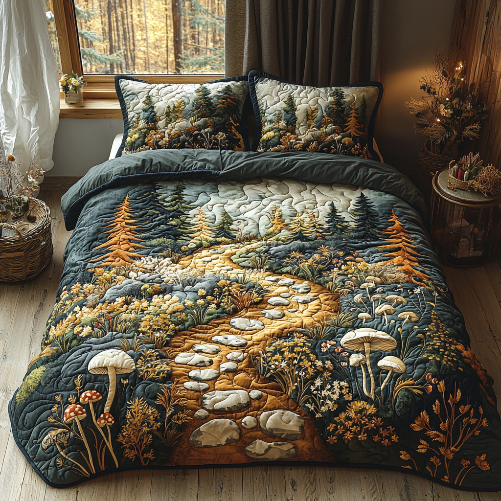 Forest Mushroom Path Quilted Bedding Set Forest Room Decor Christmas Gift Ideas 2025
