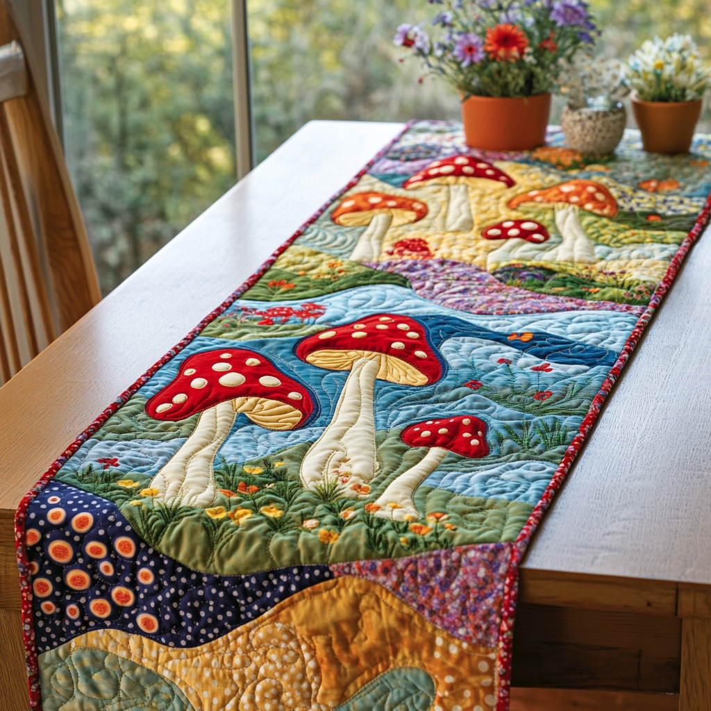 Forest Mushroom Quilted Table Runner Dining Table Ideas Gifts For Mushroom Hunters
