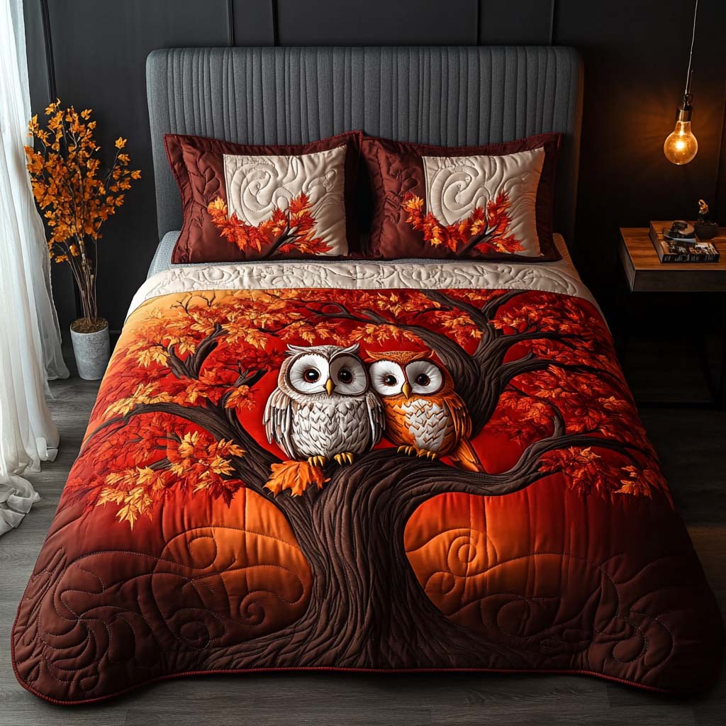 Forest Owls Quilted Bedding Set Autumn Sheet Set Unique Gifts For Animal Lovers