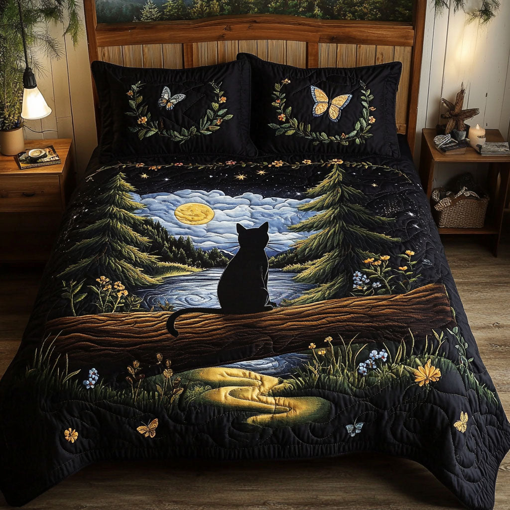 Forest Phantom Quilted Bedding Set Cute Room Decor Black Cat Gift Items