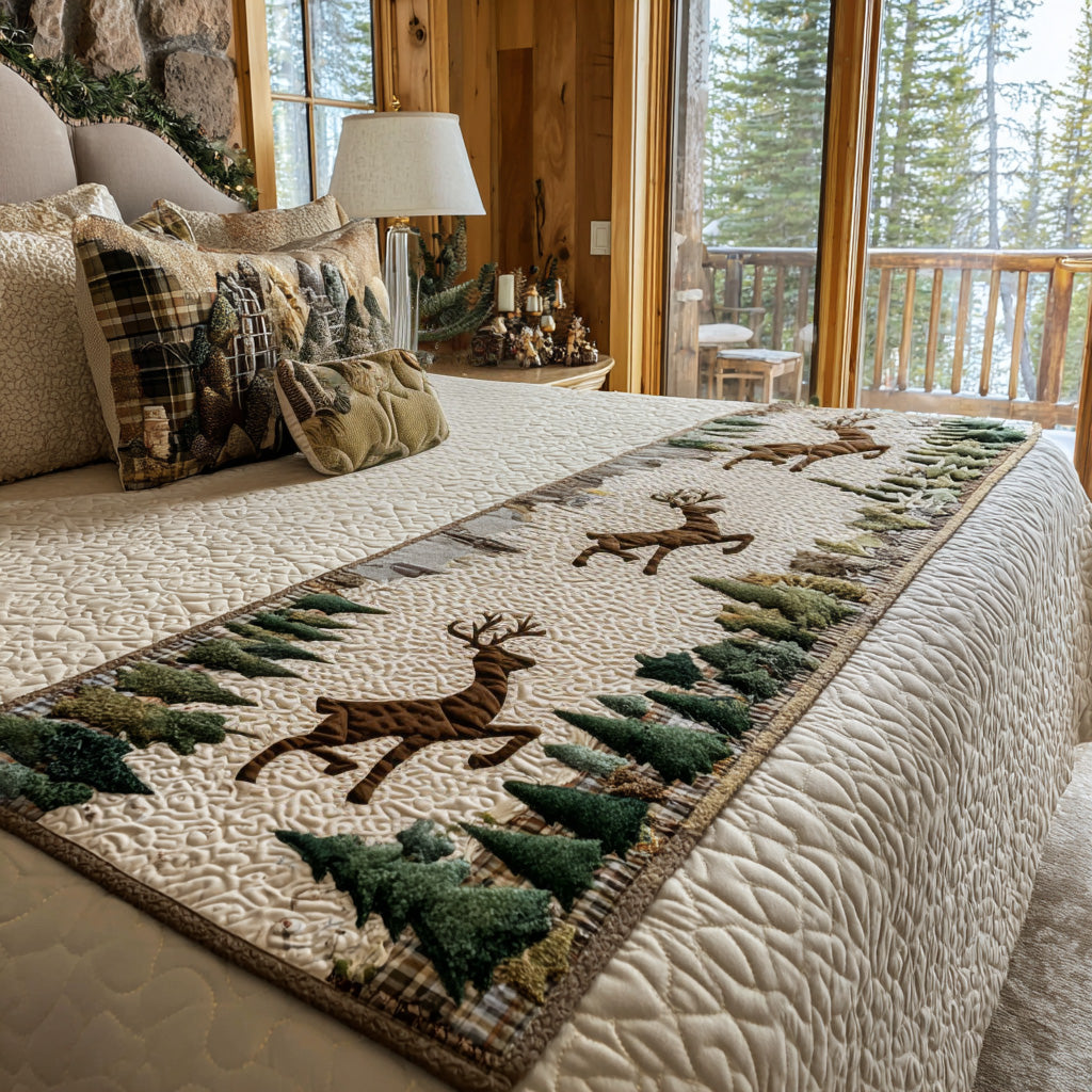 Forest Reindeer Quilted Bed Runner Bedroom Holiday Decor Best Christmas Gifts