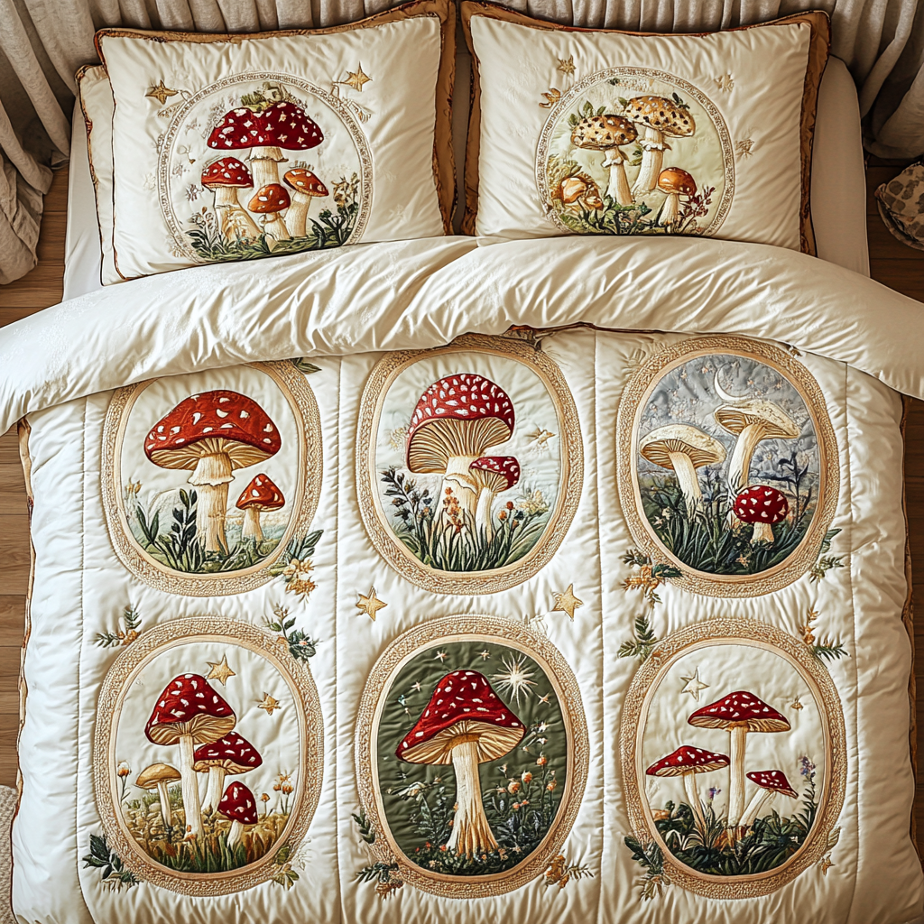 Forest Shrooms Quilted Bedding Set Bed Room Decoration Mushroom Related Gifts