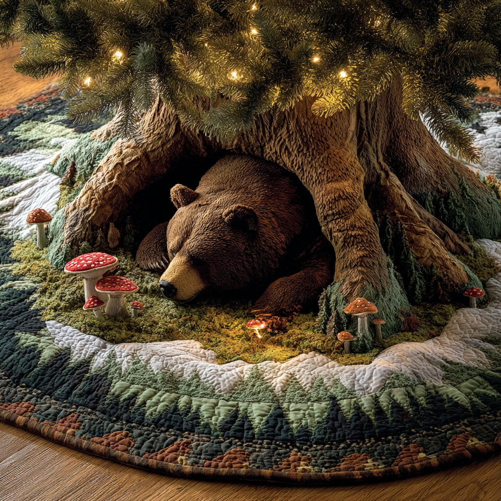 Forest Slumber Christmas Quilted Tree Skirt Xmas Tree Decor Christmas Gifts For Bear Lovers