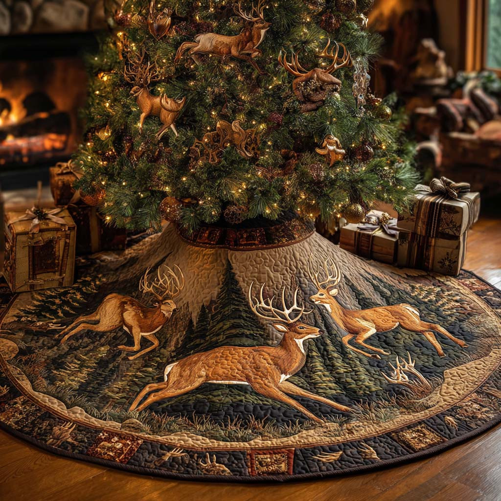 Forest Spirits Christmas Quilted Tree Skirt Animal Design Christmas Gifts For Deer Lovers