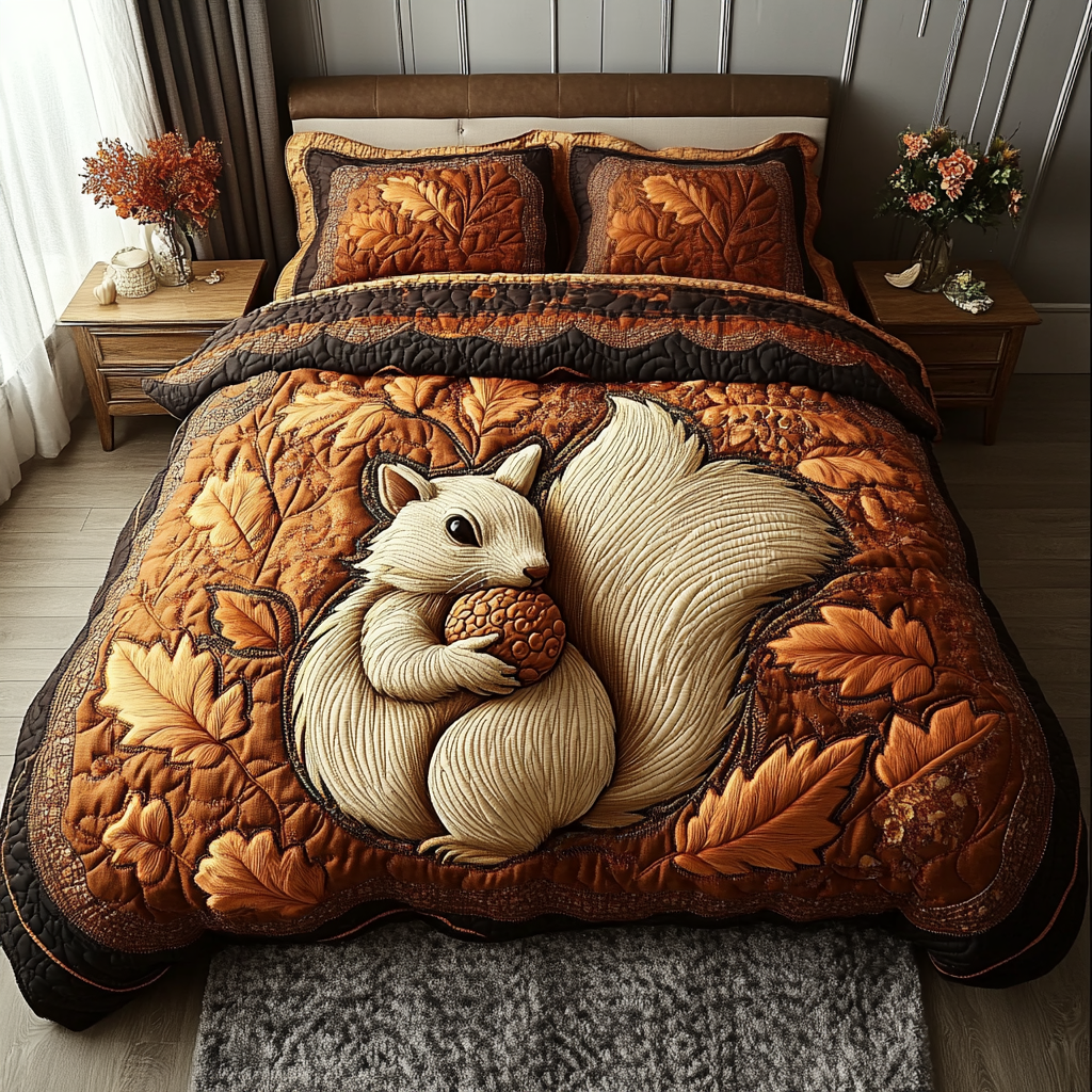 Forest Squirrel Quilted Bedding Set Bedroom Decorations Fun Fall Gift Ideas