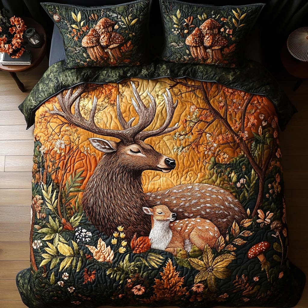 Forest Stag Family Quilted Bedding Set Autumn Sheet Set Cool Gifts For Animal Lovers