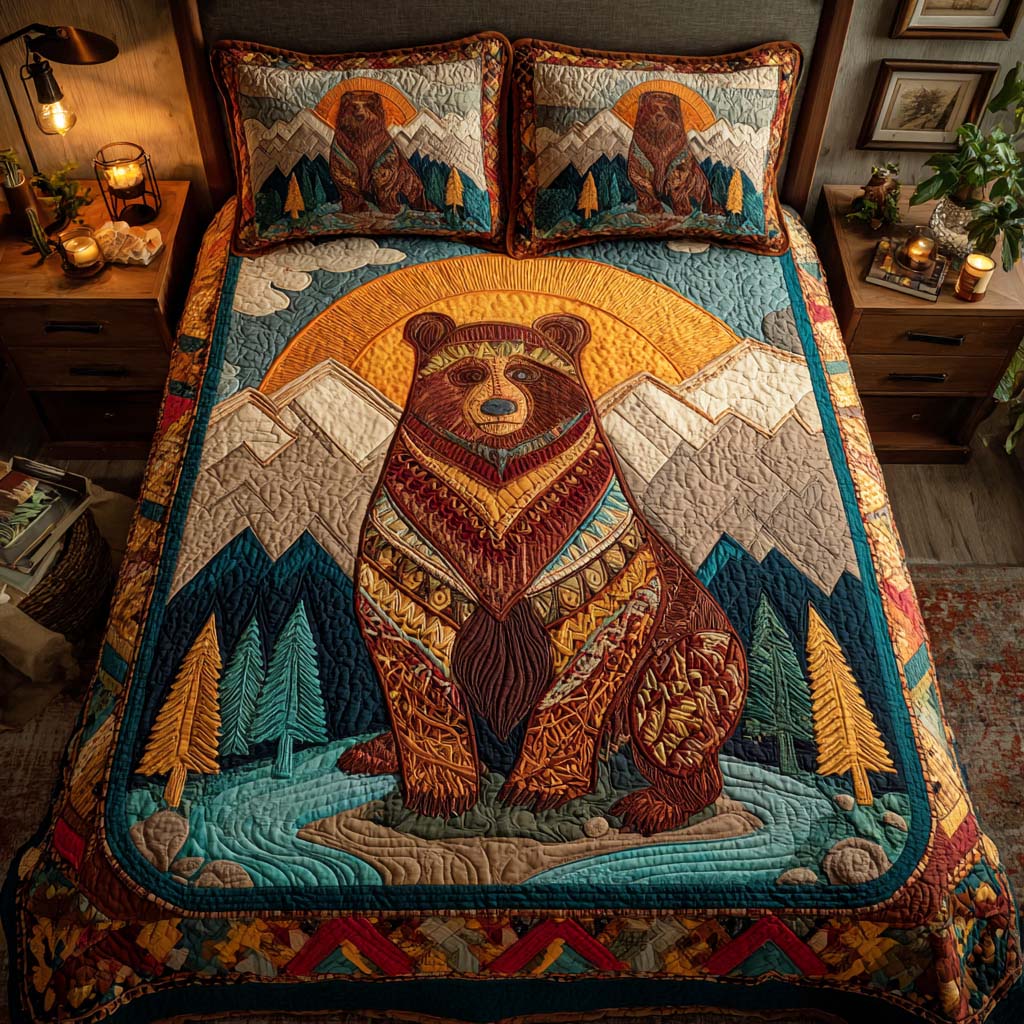 Forest Stalker Quilted Bedding Set Cute Room Decor Bear Gifts For Her