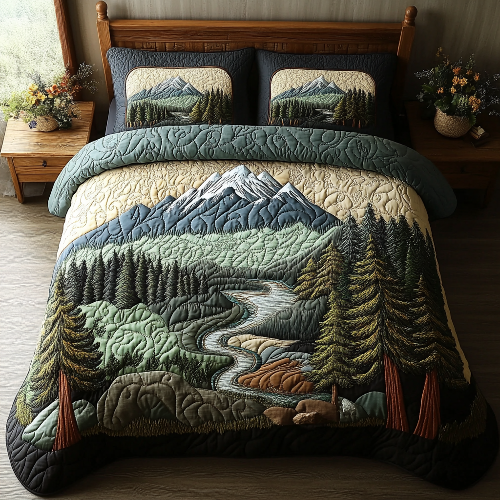 Forest Stream Quilted Bedding Set Duvet Cover Bed Sheet Set Camping Themed Gifts For Adults