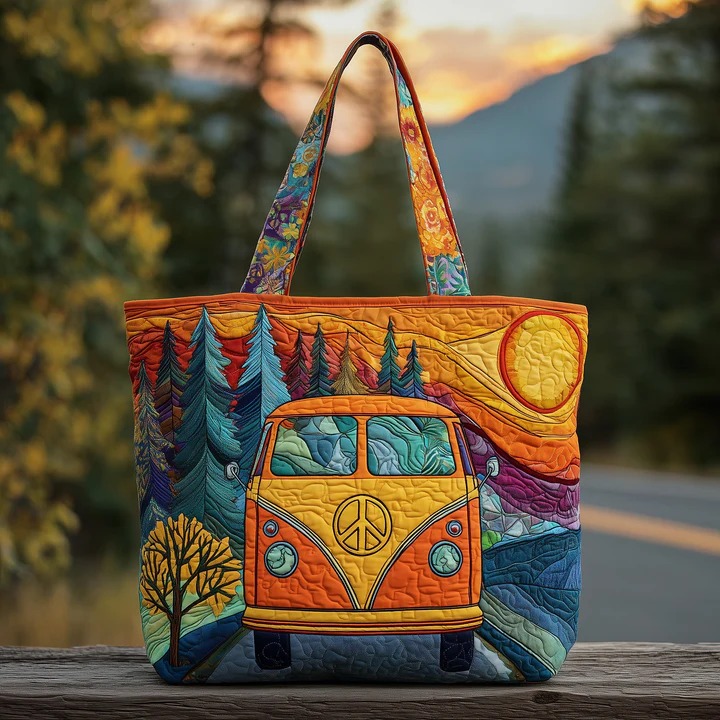 Forest Sunset Hippie Van Quilted Tote Bag Boho Travel Bag Best Gift For Campers