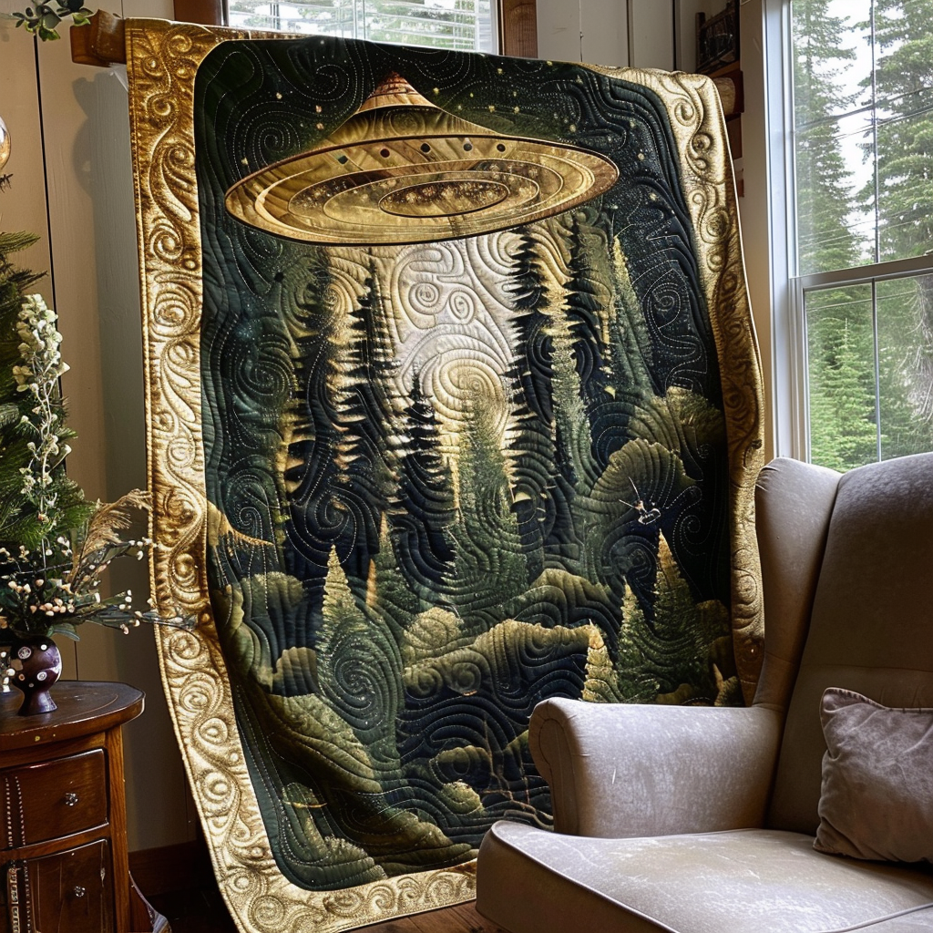 Forest UFO Encounter Quilted Blanket Sofa Couch Throw Blanket Cool Gifts For Nature Lovers