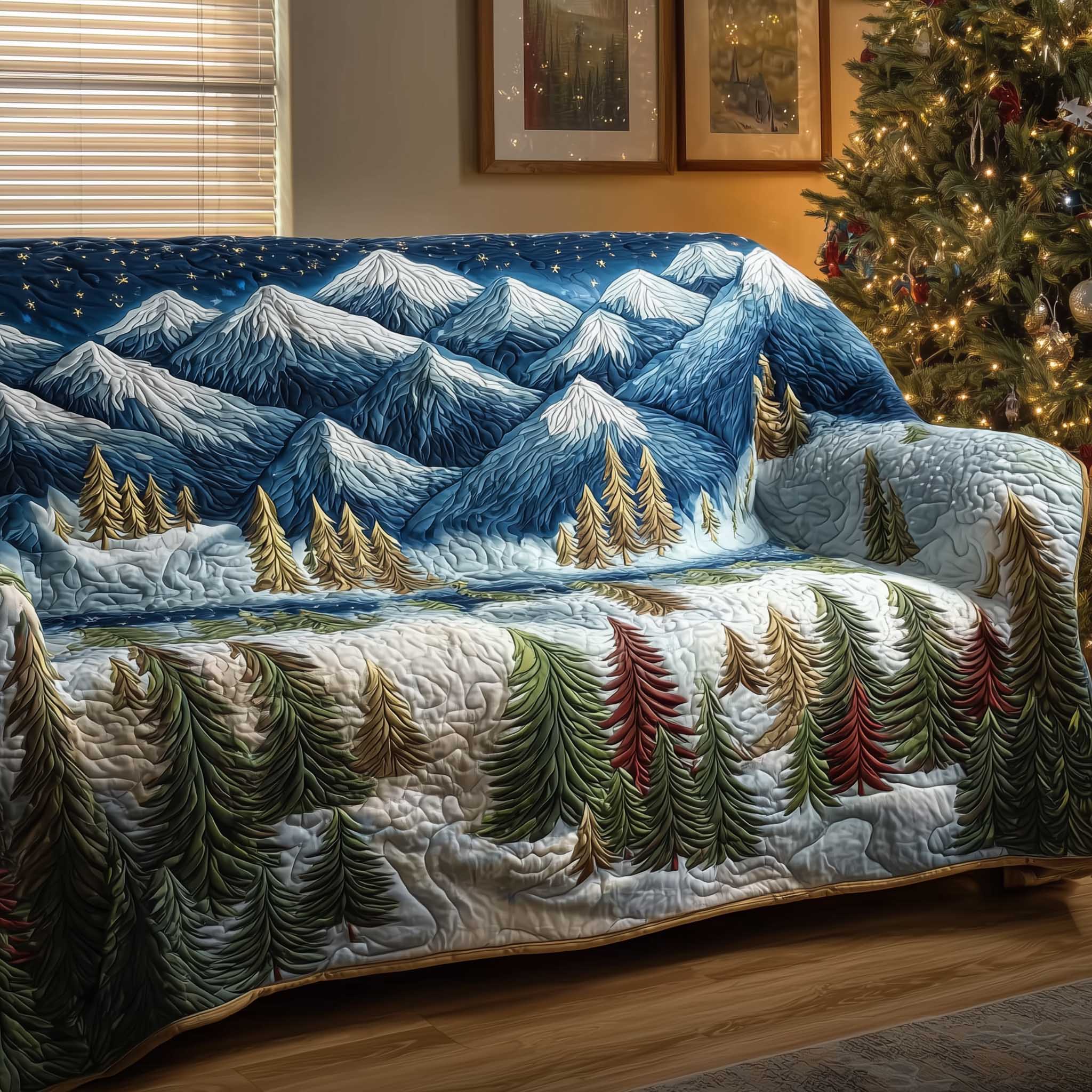 Forest Vibe Quilted Sofa Cover Earthy Forest Scene Motif Christmas Home Decor Gift Idea