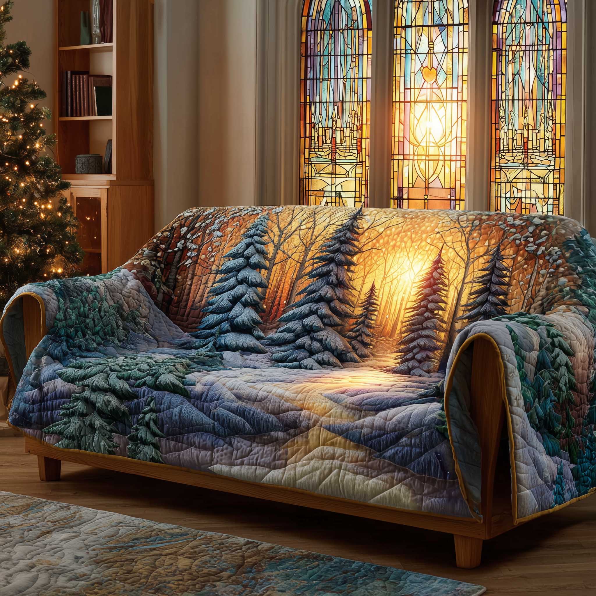 Forest Vibe Quilted Sofa Cover Nature Woodland Pattern Christmas Home Decor Gifts