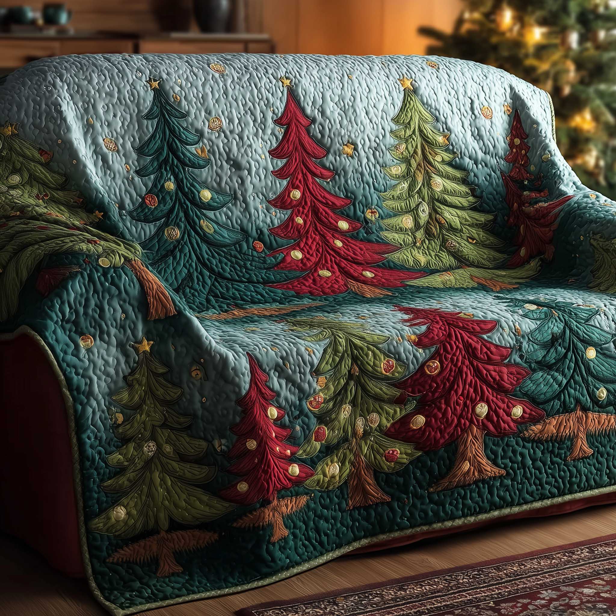 Forest Vibe Quilted Sofa Cover Quiet Forest Landscape Protector Christmas Home Decor Gift Idea