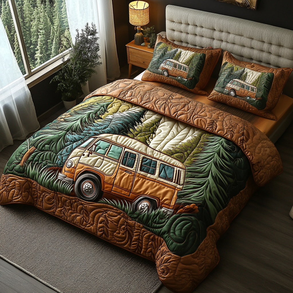 Forest Wanderlust Vibes Quilted Bedding Set Bed Decor Gifts For Camper Owners