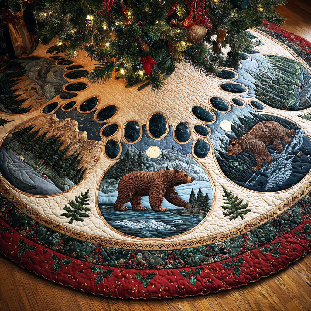 Forest Whisper Bear Christmas Quilted Tree Skirt Animal Themed Xmas Decor Gifts For Bear Lovers