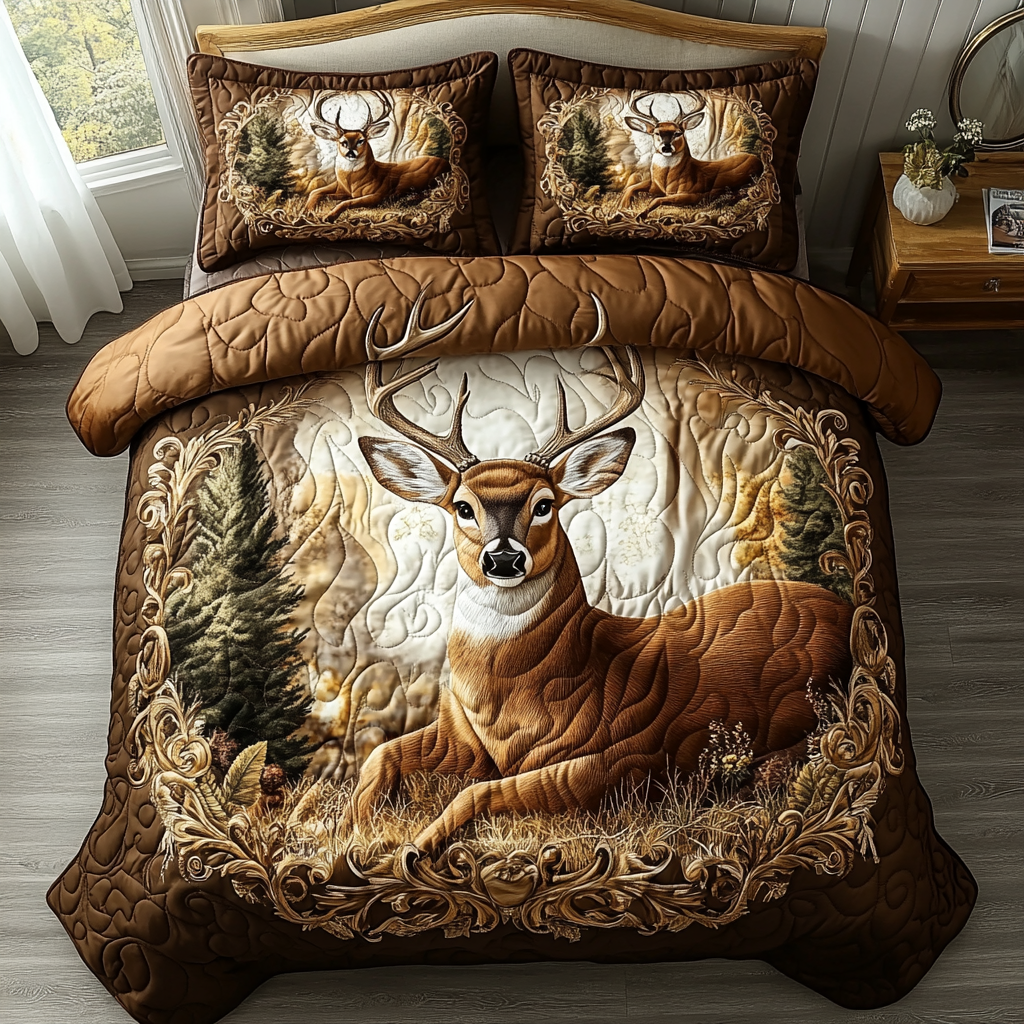 Forest White Tailed Quilted Bedding Set Best Bedspread Set Christmas Gifts For Deer Hunters