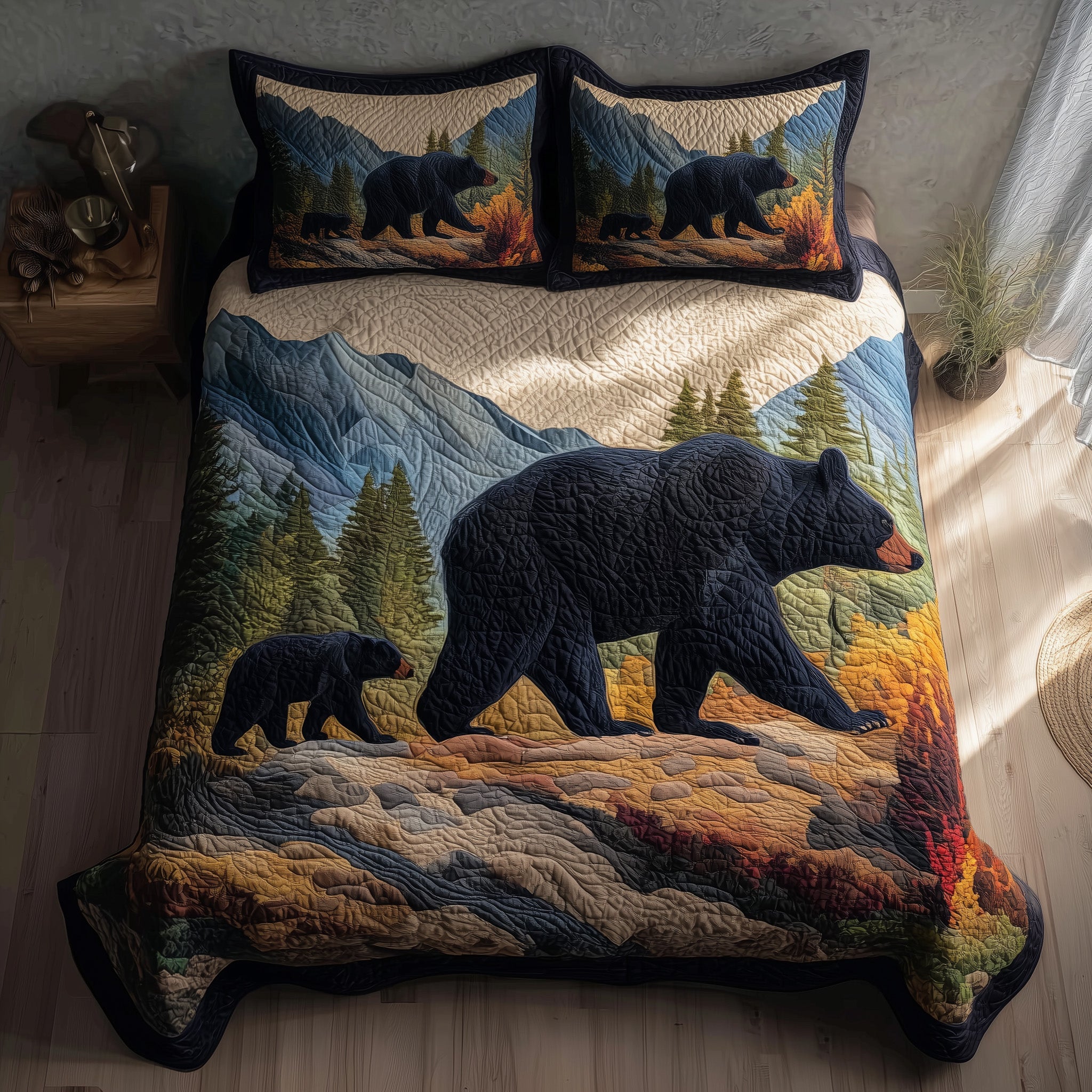 Forest Wilderness Duvet Quilted Bedding Set Majestic Bear Scene Best Holiday Bedding Gifts