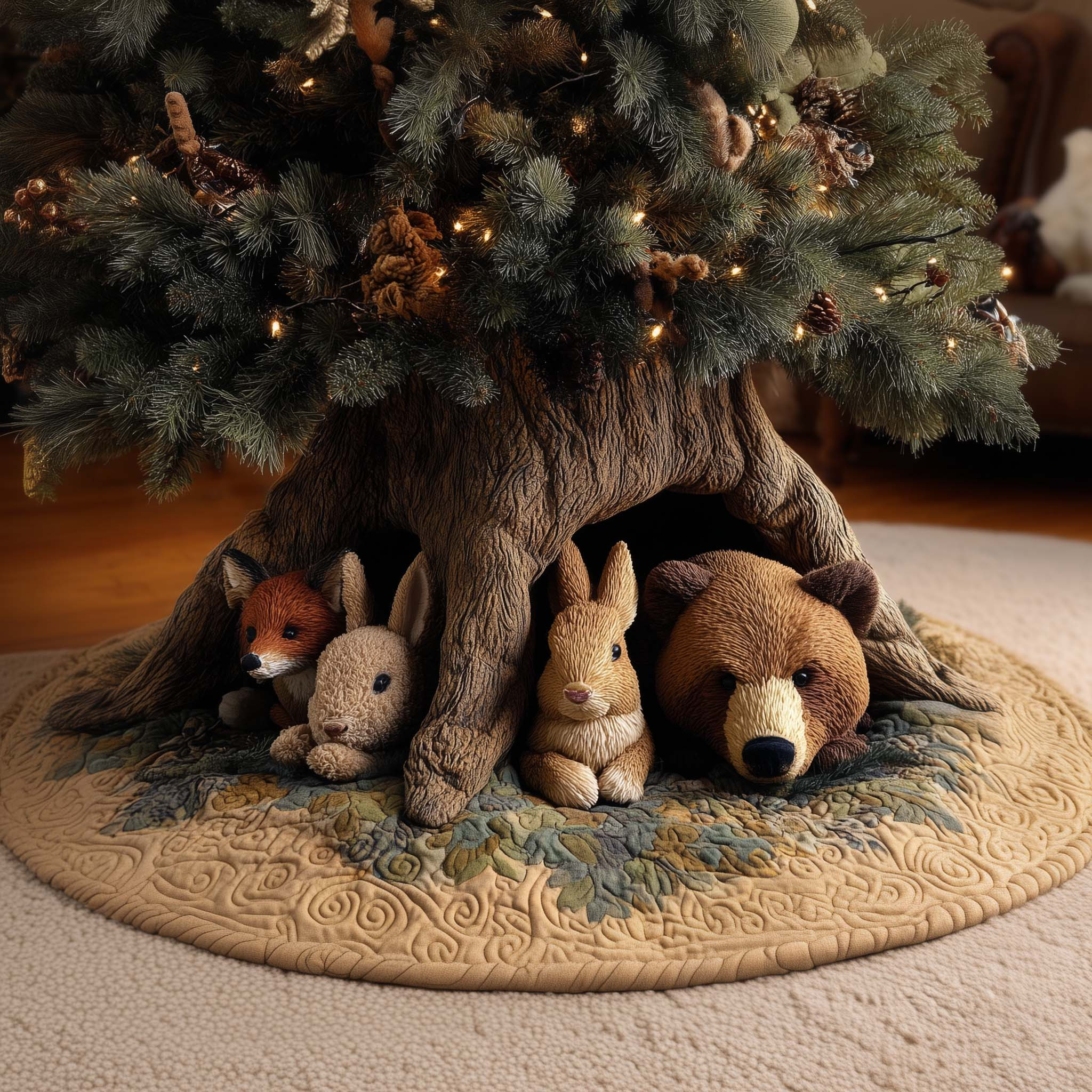 Forest Zoo Christmas Quilted Tree Skirt Xmas Tree Base Cover Cute Animal Gifts For Dad