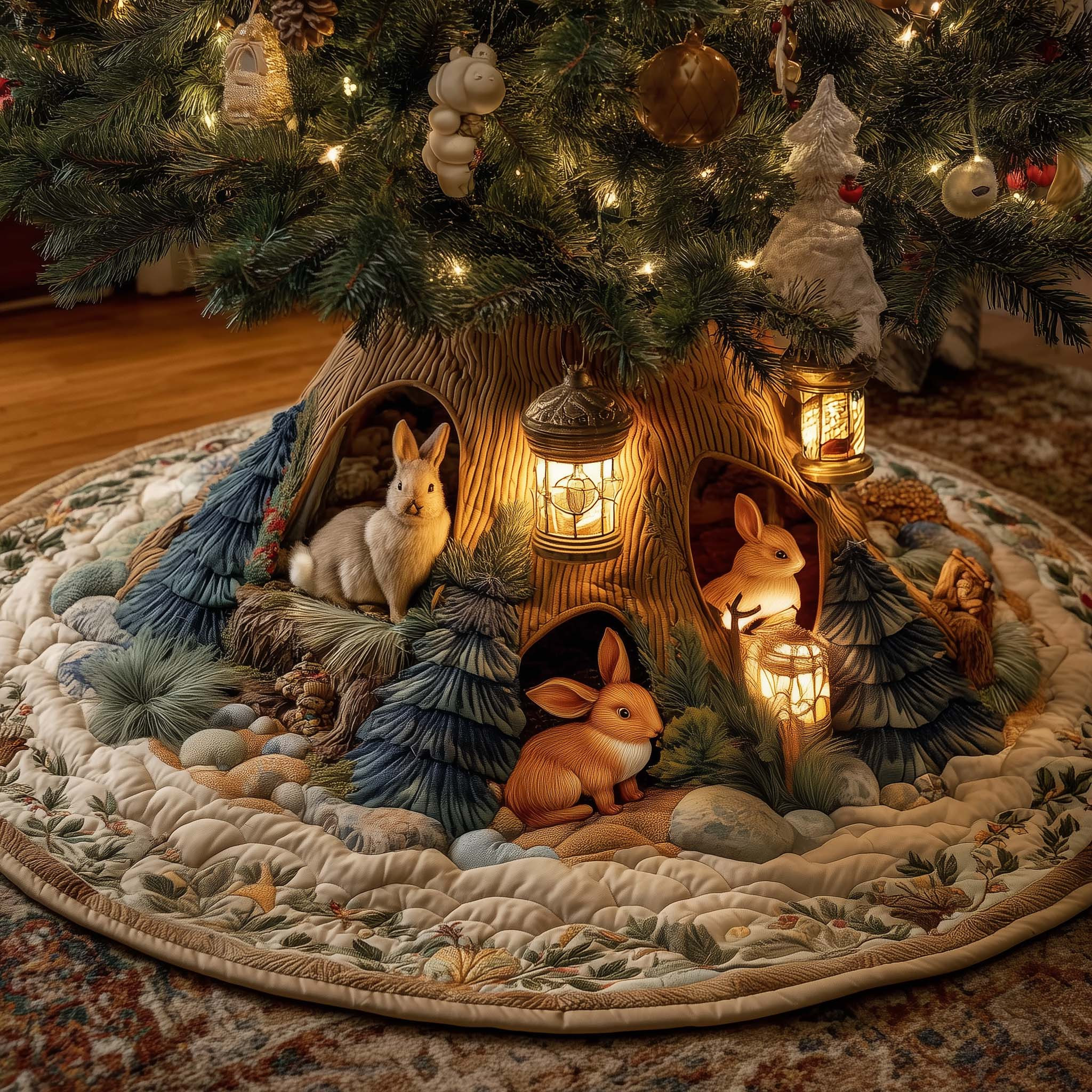 Forest Zoo Quilted Tree Skirt Xmas Room Decorations Gifts For People Who Love Bunnies