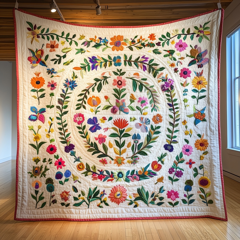 Four Seasons Floral Garden Quilted Blanket Botanical Embroidery Art Throw Best Gift For Flower Lovers