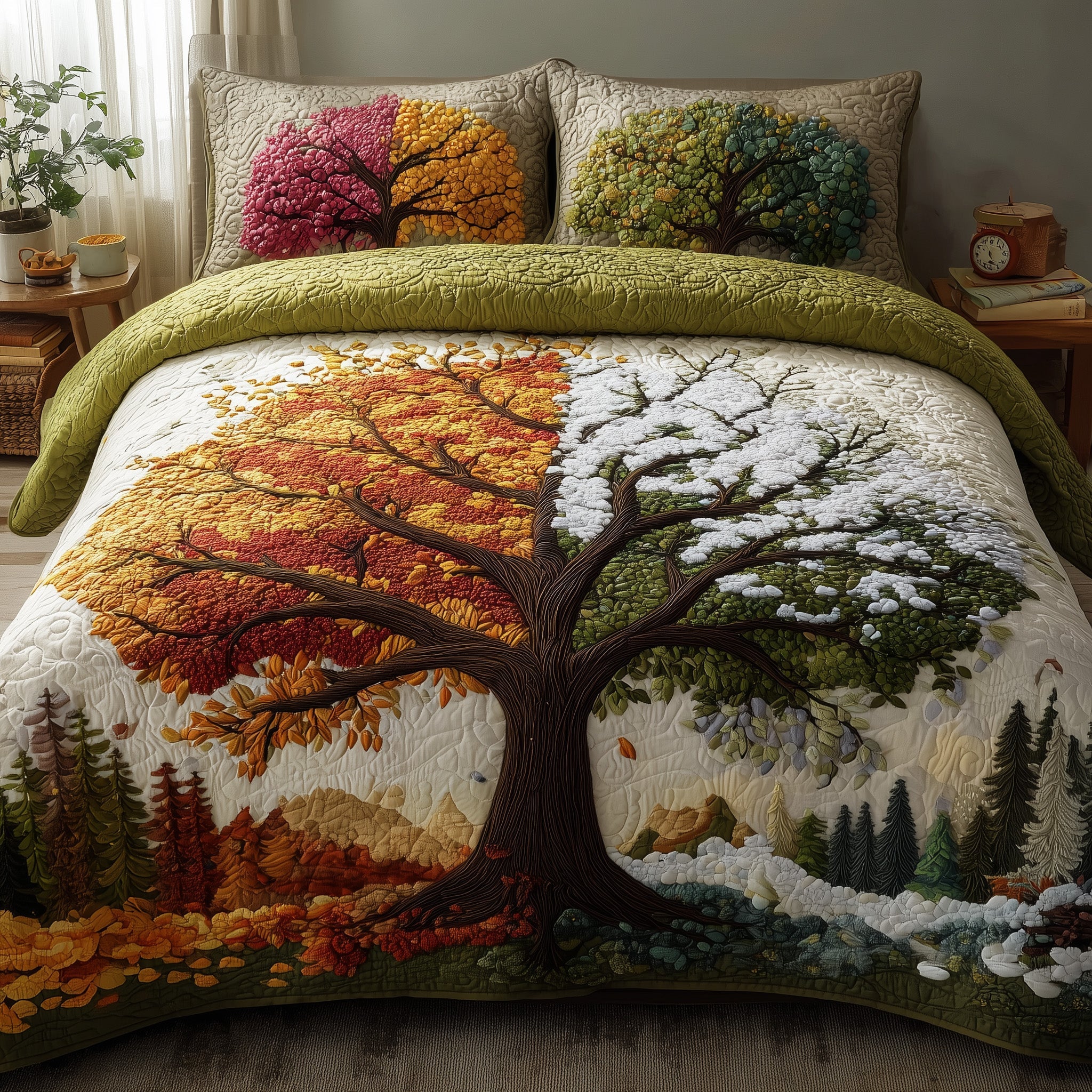 Four Seasons Tree Quilted Bedding Set Duvet Cover Bedspread Christmas Presents For Him Ideas