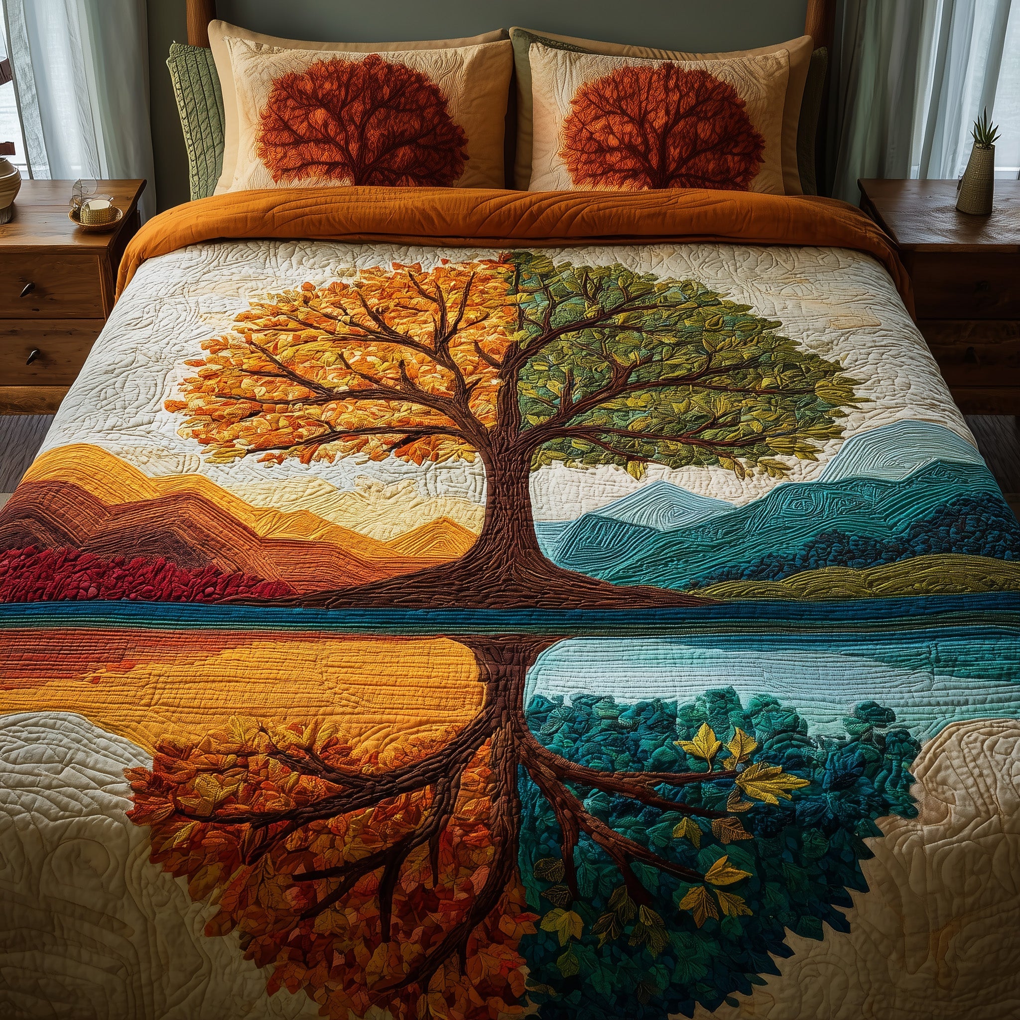 Four Seasons Tree Quilted Bedding Set Linen Blend