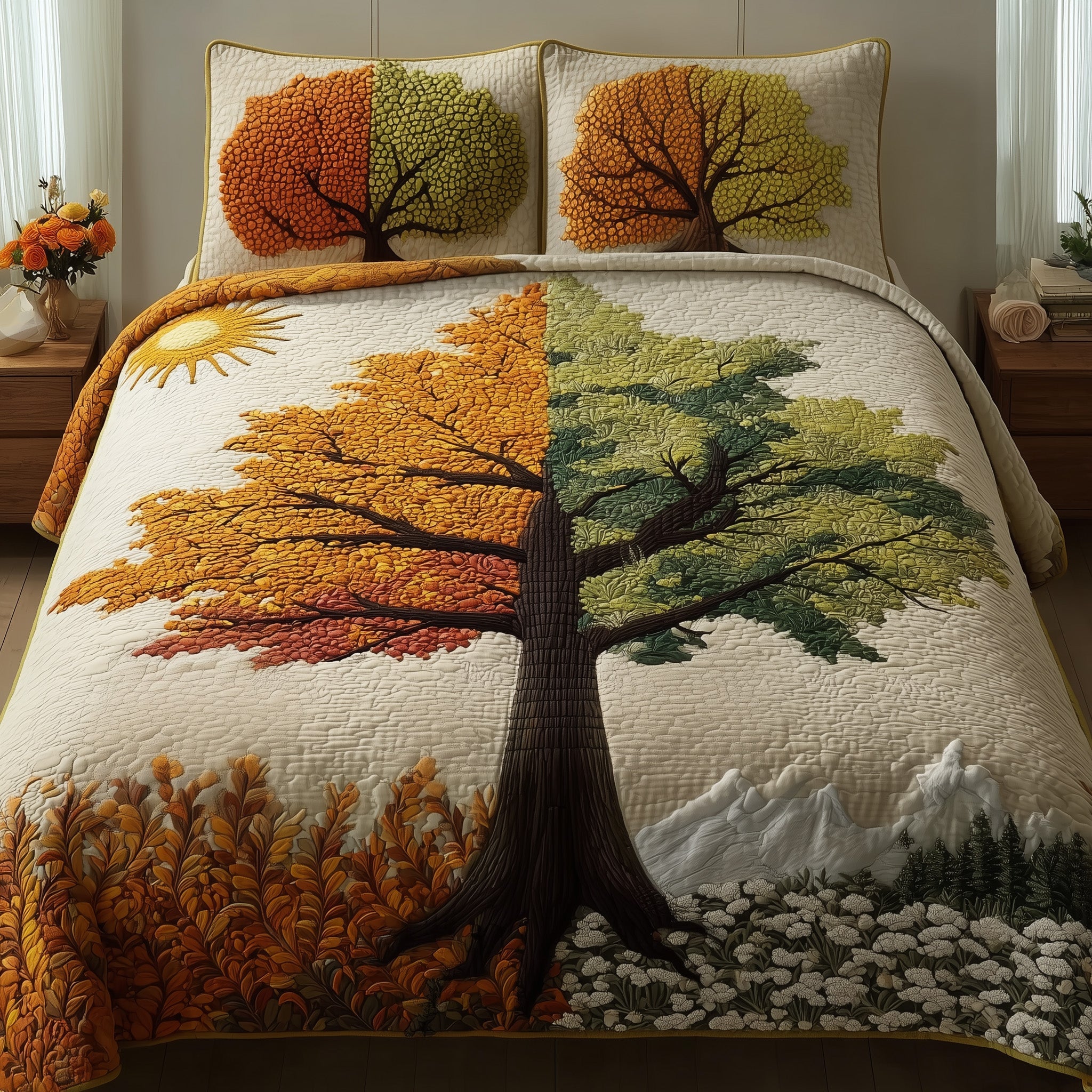Four Seasons Tree Quilted Bedding Set New Home Gift