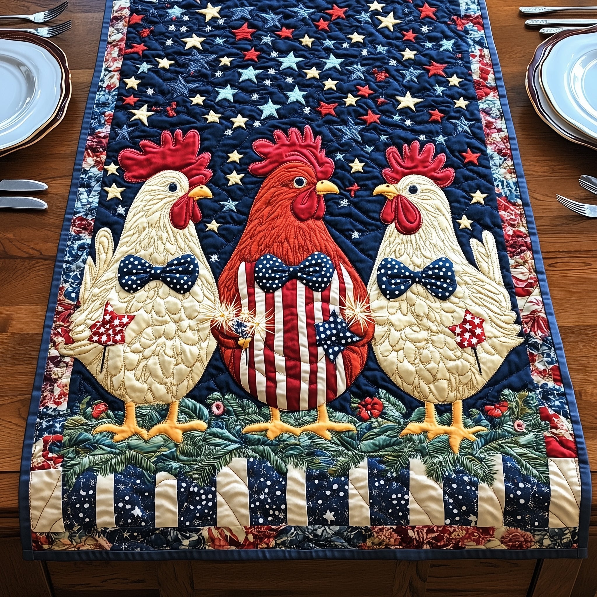 Fourth Of July Fowl Quilted Table Runner Festive Holiday Table Runner Decor