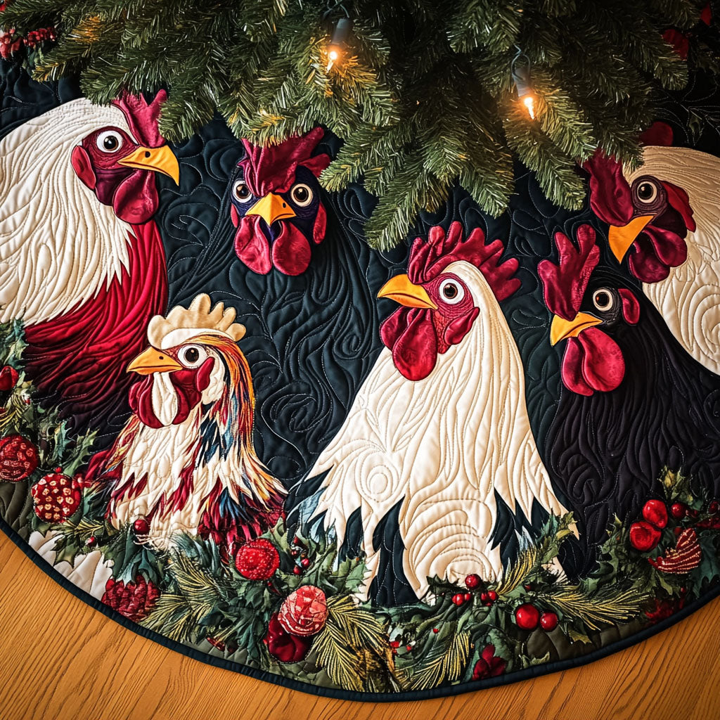 Fowl Festivities Quilted Christmas Tree Skirt Popular Gift Merch for Christmas Enthusiasts