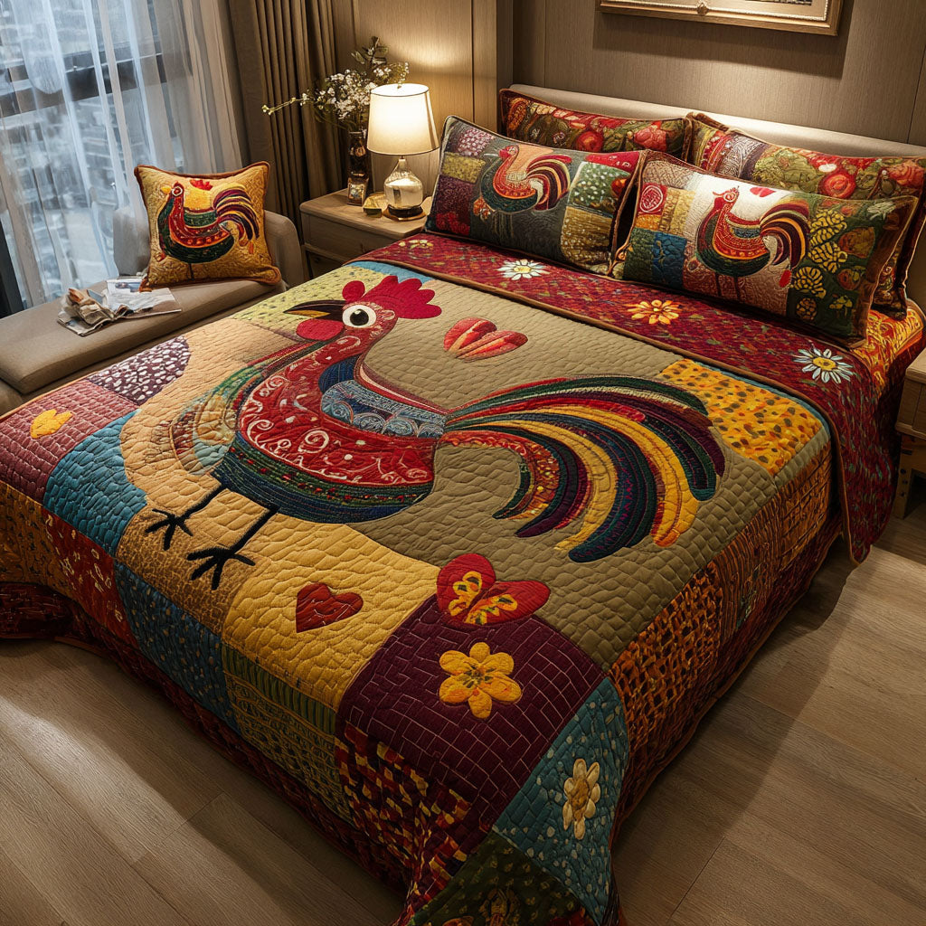 Fowl Fiesta Quilted Bedding Set Christmas Bed Sheets Gifts For People With Chickens