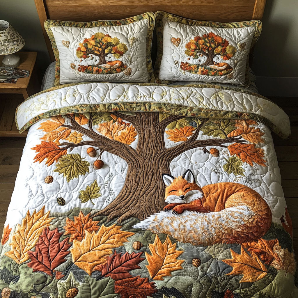 Fox Among the Leaves Quilted Bedding Set Autumn Sheet Set Unique Fox Gift Items