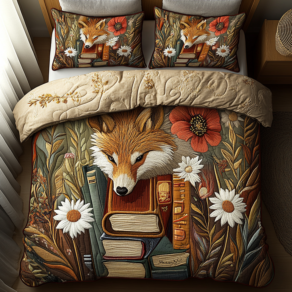 Fox and Books Quilted Bedding Set Cozy Bedroom Decor Best Gifts For Readers