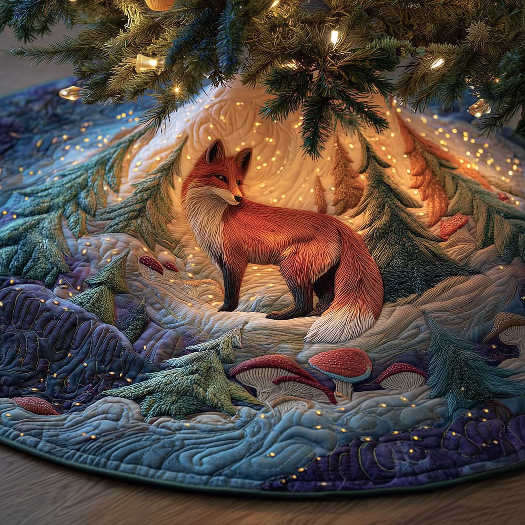 Fox And Pine Tree Quilted Tree Skirt Christmas Room Decor Fox Gifts For Him Her