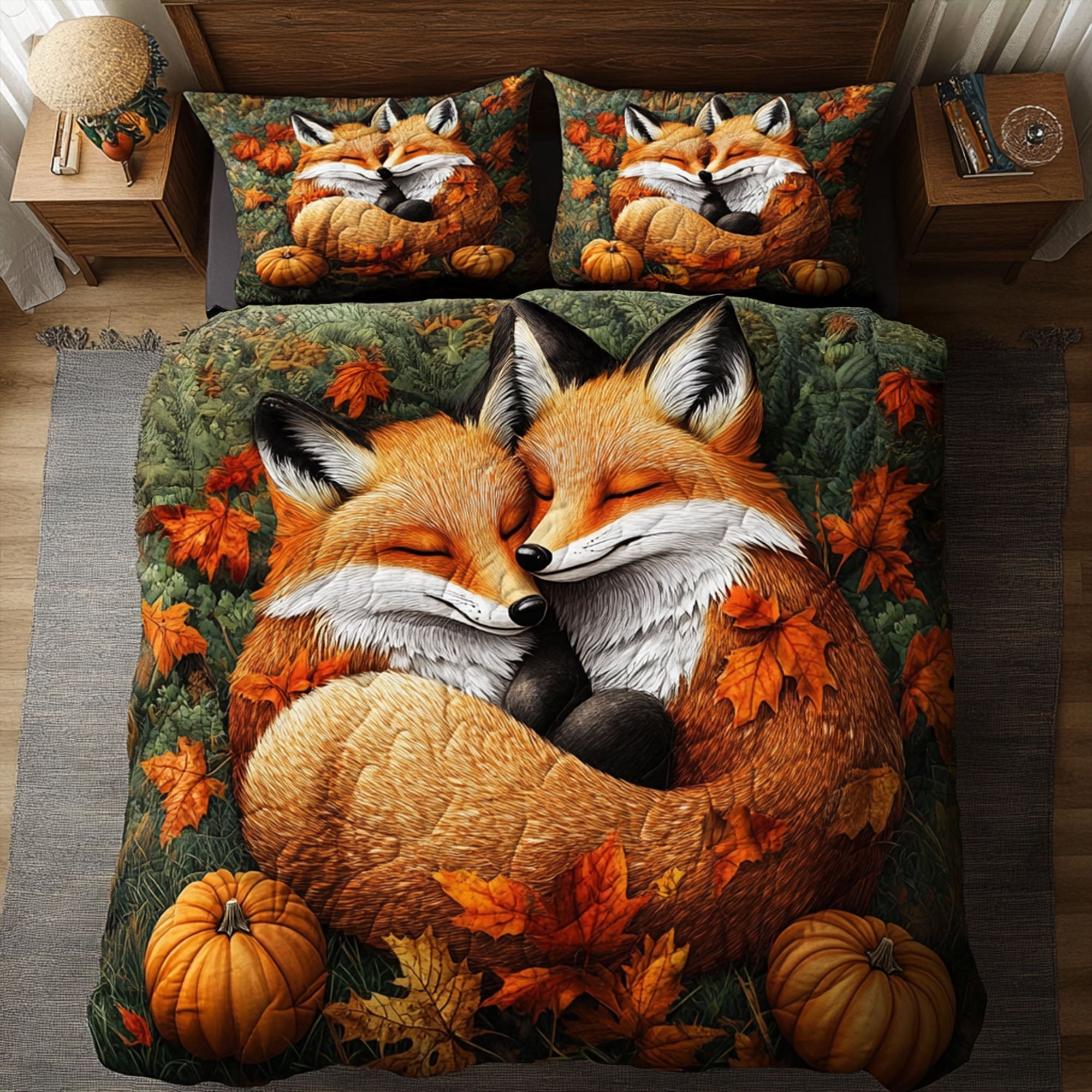 Fox and Pumpkin Patch Quilted Bedding Set Autumn Sheet Set Fox Lovers Gifts For Him