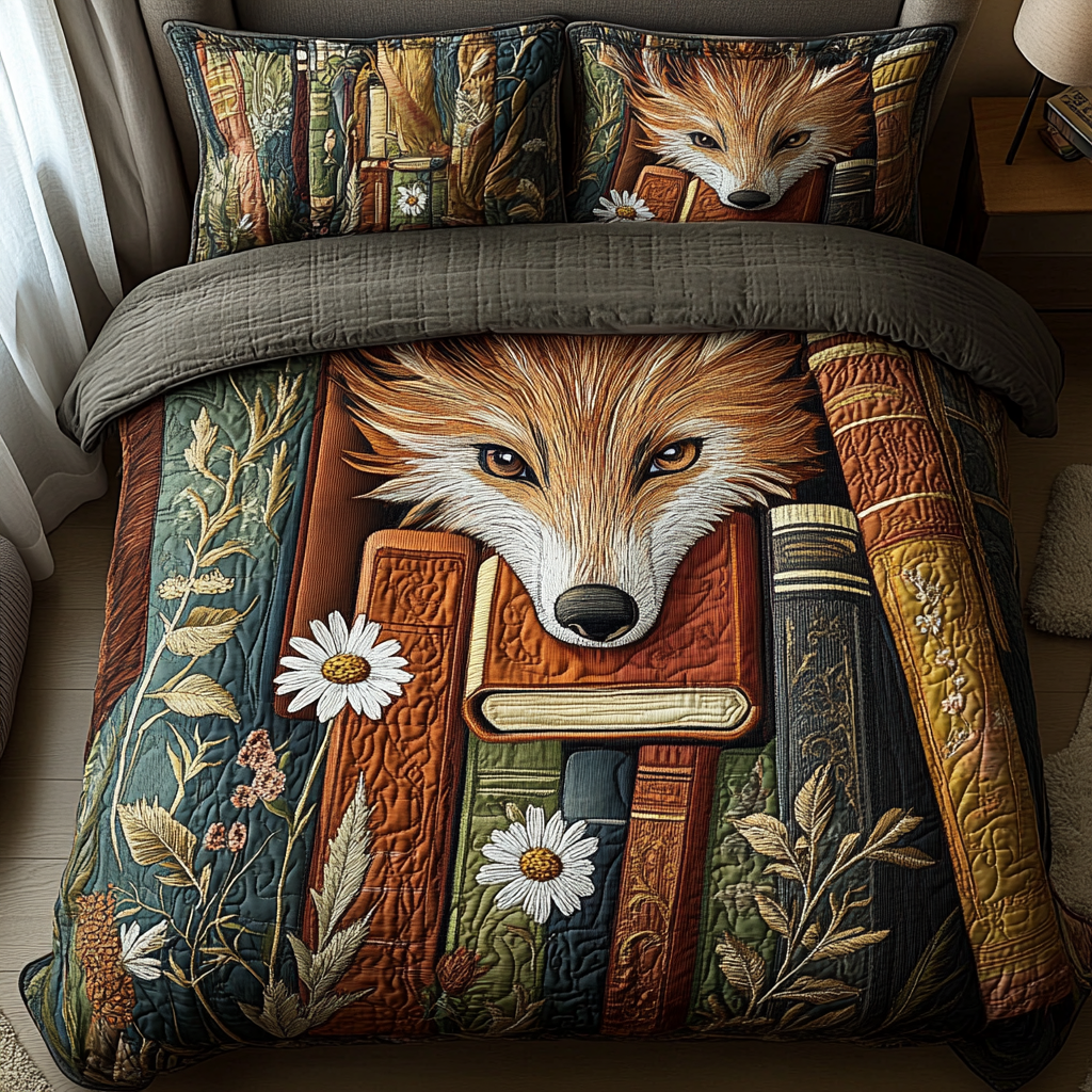 Fox Between Pages Quilted Bedding Set Bedroom Decor Best Gifts For Book Readers