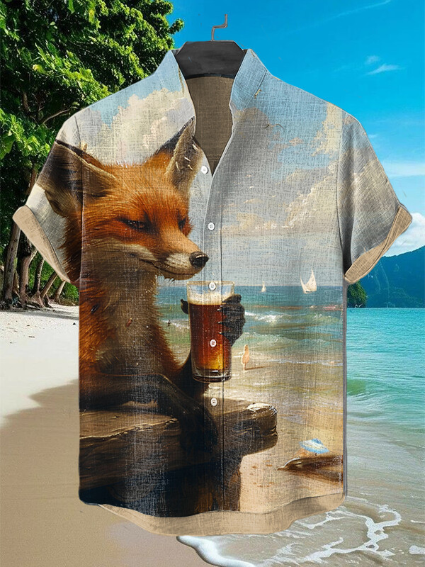 Fox Drinking Beer On The Beach Art Hawaiian Shirt Gifts For Fox Lovers