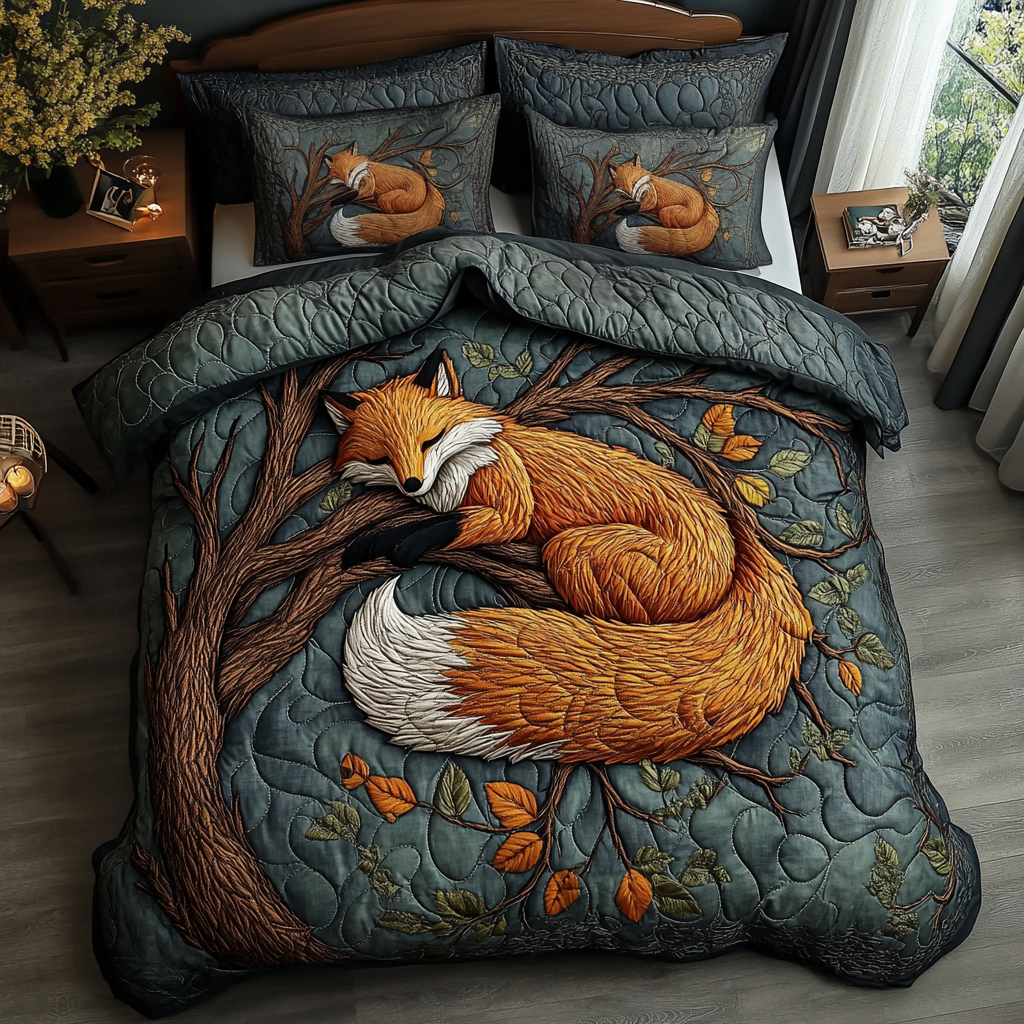 Fox Glow Quilted Bedding Set Bed Decor Presents For Fox Lovers