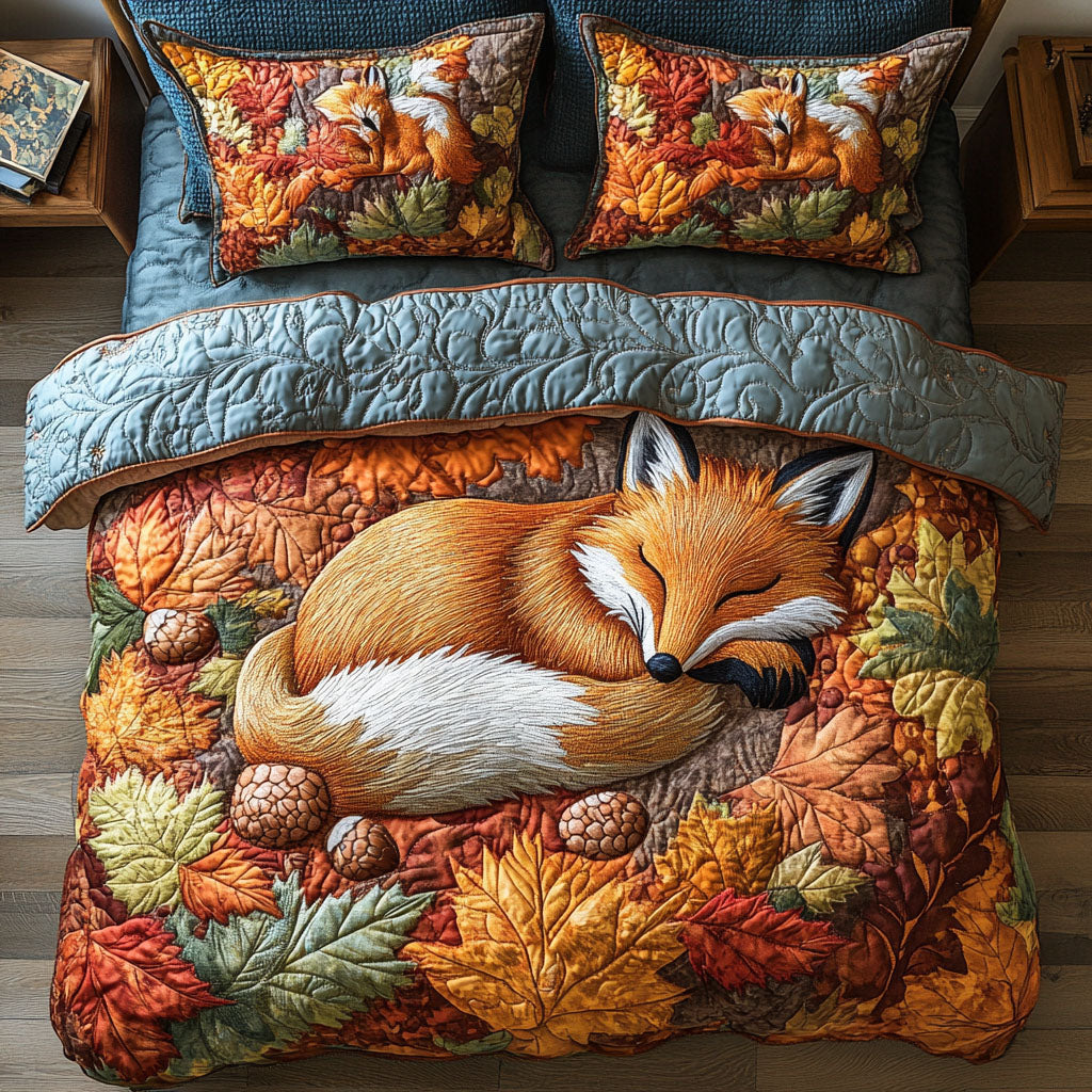 Fox in Fall Forest Quilted Bedding Set Autumn Bed Sheet Set Fox Gifts For Him Her